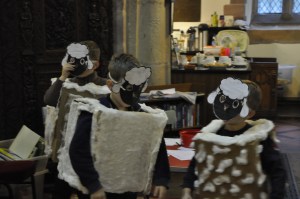 Three of the children from Rocky's Plaice dressed up as sheep for the scene 'Out in the fields'