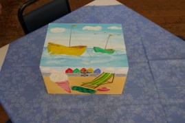 Seaside Holiday Memory Box showing outside decorated with seaside scenes.